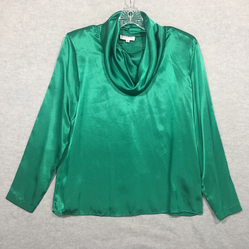 Vtg San Andre Sz 10 Christmas Green Satin Blouse Cowl‎ Neck Shoulder Pads FLAWS